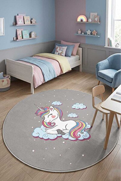 Frenda Home Unıcorn Pamuk Taban Dekoratif Baskılı Yuvarlak Çocuk Odası Halısı...