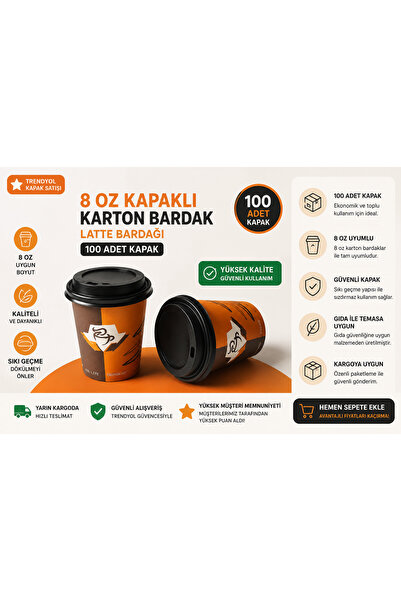 maycup 8 Oz Kapaklı Karton Bardak Latte Bardağı 100 Adet Bardak 100 Adet Kapak