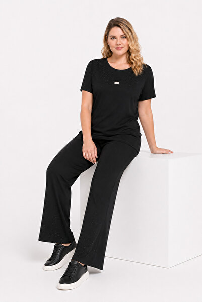 Şans Women's Plus Size Black, Stone Detailed Blouse, Stone Detailed Leg, Elas...