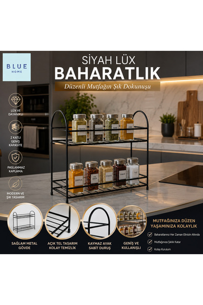 Blue Home 2 Katlı Siyah Metal Tel Baharatlık Standı | Tezgah Üstü Mutfak Orga...