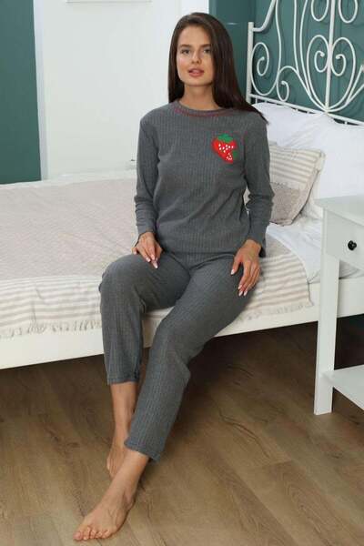 Fulla Moda Çilek Nakışlı Bisiklet Yaka Pijama Takımı