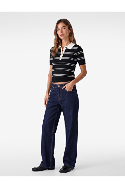 Koton Half-Embellished Buttoned Short-Sleeved Striped Polo-Neck Knitwear T-Shirt