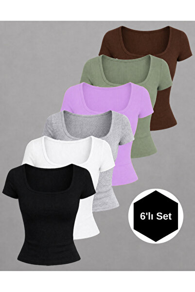NERTH STYLE Set of 6 U-Neck Short Sleeve Ribbed Cotton Blouse T-Shirt Daily C...