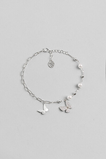 So CHIC... Kelebek Etkisi 18Ayar Beyaz Altın Kaplama 21 Cm Gümüş İnci Bileklik