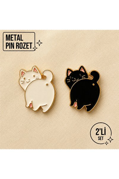 DREAMIOGIFTANDBOX 2’li Set Siyah ve Beyaz Kedi Metal Couple Çift Sevgili Pin ...