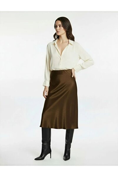 Koton X Melis Ağazat - Slim Fit Fish Cut Midi Length Satin Skirt