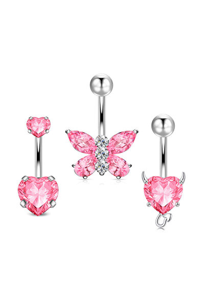 Choice Pink (3Pcs) 3pcs/Set Stainless Steel Color Cubic Zirconia Navel Rings ...