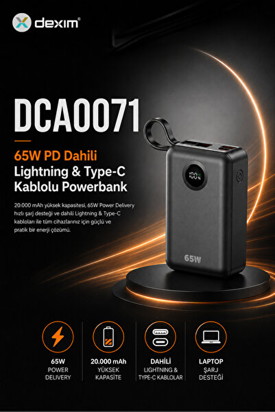 Dexim 20.000 mAh 65W Lightning+Type-C Kablolu Hızlı Şarj Taşınabilir Powerban...