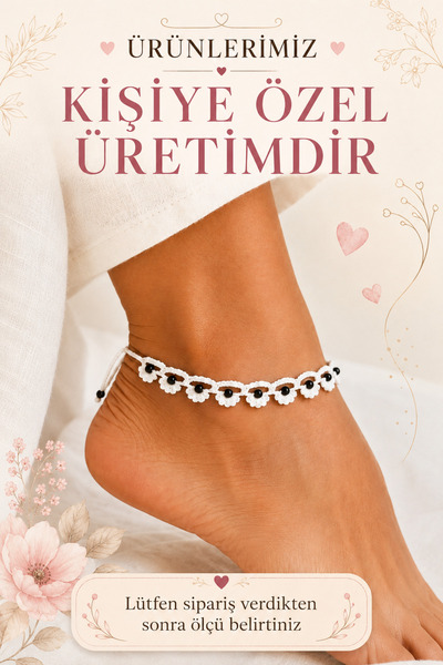 NEHOLİA Anklet White Flower Black Bead Detailed Adjustable Bohemian Summer Wo...