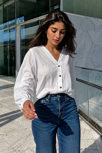 armonika Women's White Elastic Sleeve Ruffled Shirt Arm-24K001002