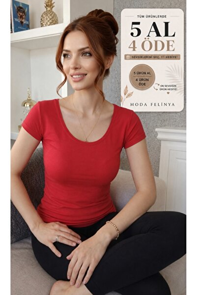 moda felinya KADIN KISA KOLLU KAYIK YAKA KIRMIZI RENK BODY T-SHİRT BLUZ