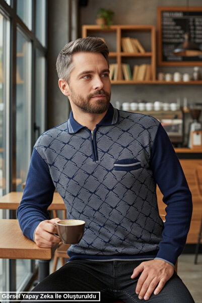 Kamalı Men's Navy Blue Anti-Pilling Standard Fit Polo Neck Knit Sweater with ...
