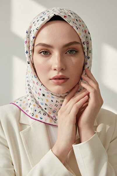 Vissona %100 Twill İpek Çıtır Motif Desenli Krem - Fuşya Renkli 90x90 Eşarp D...