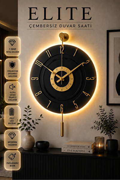 MetaQuartz Aksesuar Kardelen [ GOLD SİYAH ] LEDLİ 12 - 24 duvar saati