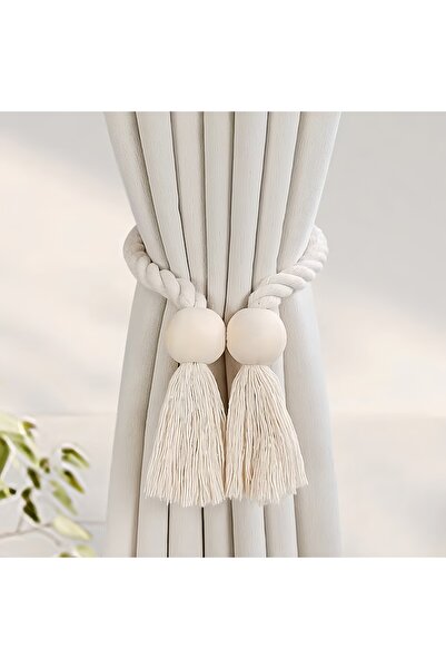Choice 1 PCS Beige Hand-Woven Solid Wood Magnetic Knot Curtain Tiebacks with ...