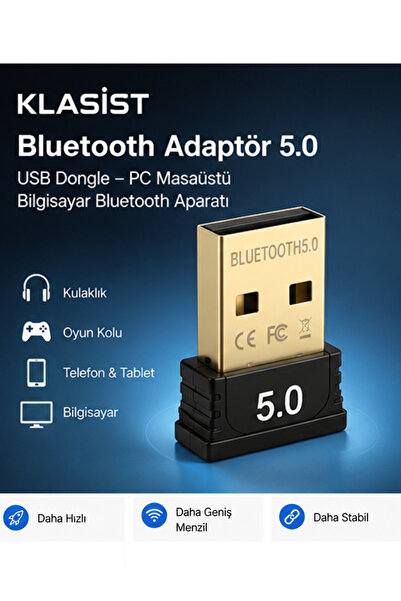 KLASİST Bluetooth Adaptör 5.0 USB Dongle – PC Masaüstü Bilgisayar Bluetooth A...