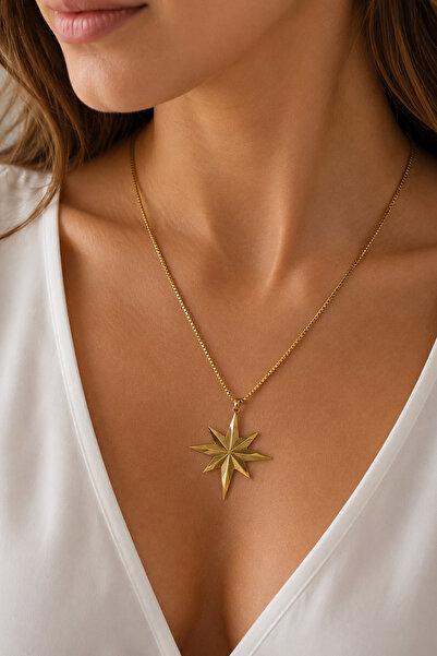 Modex Steel Gold Color North Star Pendant Necklace (Size:40+5Cm)