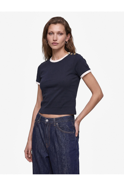 Koton Cotton Color-Contrast Trim Decorated Buttoned Crew Neck Short Sleeve T-...