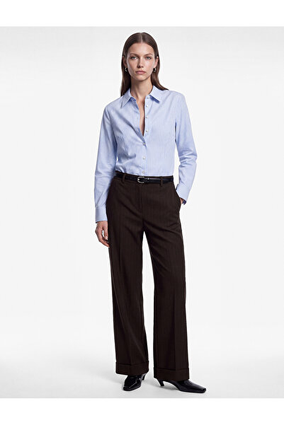Koton Regular Fit Uzun Kollu Klasik Yaka Düğmeli Çizgili Poplin Gömlek