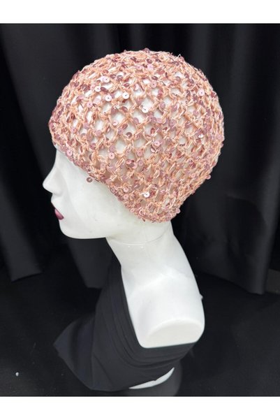 Trend Şapka 19069 Pink Handmade Sequined Knitted Beanie Hat Bandana