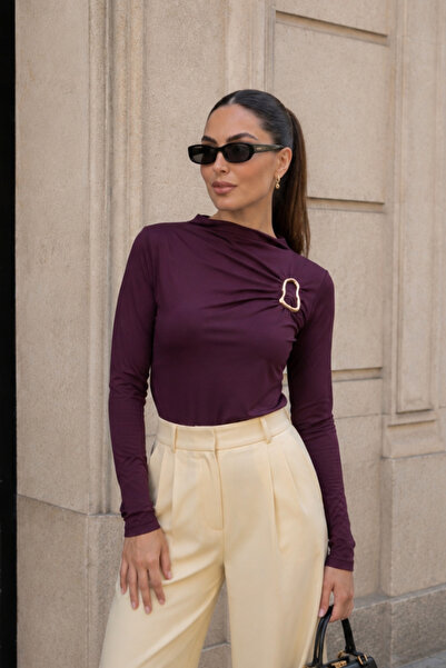 msm fashion Γυναικεία μπλούζα με χρυσή αγκράφα, με λεπτομέρειες, μακρυμάνικη,...