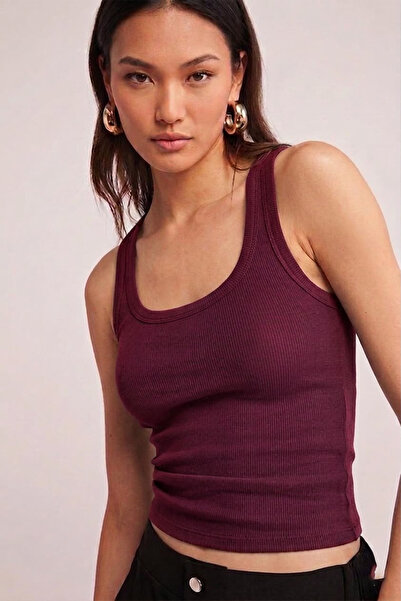 FİT WOMEN Cotton Women's Ribbed Look Thick Strap Basic Undershirt 4624-Burgundy
