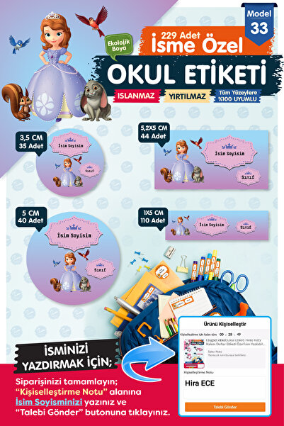 t tuğset etiket Okul Etiketi Prenses Sofia Kalem Defter Etiketi Özel İsim Yaz...