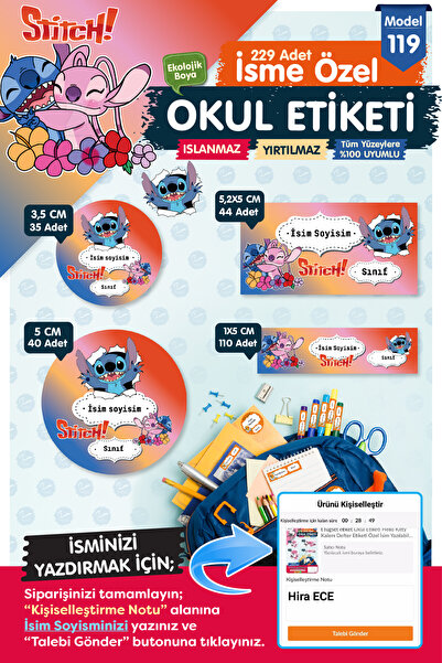 t tuğset etiket Okul Etiketi  Stitch Temalı Kalem Defter Etiketi Özel İsim Ya...