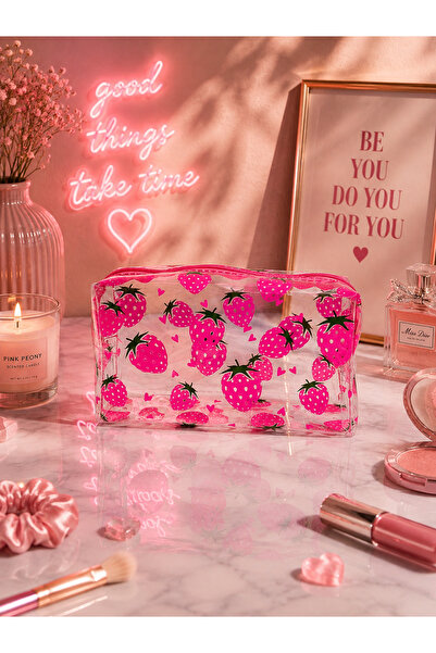 UCCELLO Transparent Pink Ladybug Pattern Makeup Bag Zippered Cosmetic Bag Tra...