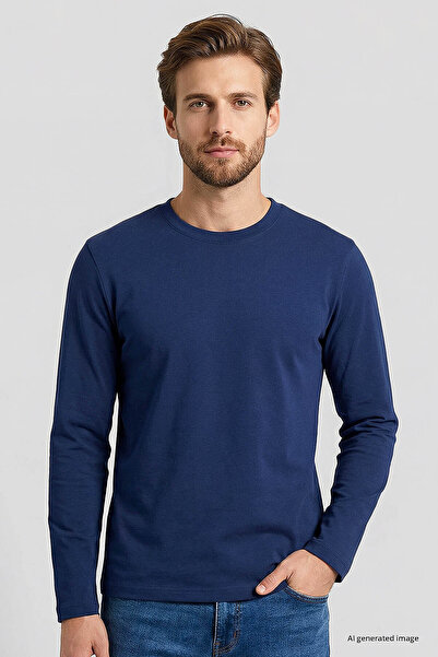 TOMMY LIFE Indigo Standard Fit Basic O Neck Long Sleeve Slim Men's T-Shirt - ...