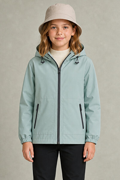 Montland Girl's Mint Green Lined Water and Windproof Hooded Raincoat with Dou...