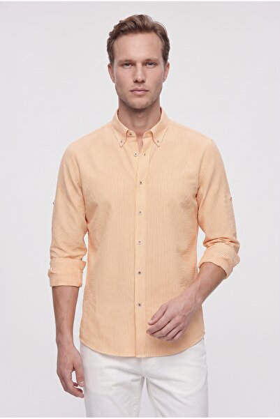 D'S Damat Ds Damat Regular Fit Orange Striped Patterned Cotton Shirt