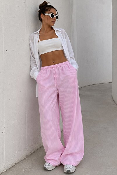 Madmext Pembe Beli Ayarlanabilir Çizgili Cepli Bol Paça Kadın Pantolon Mg2312