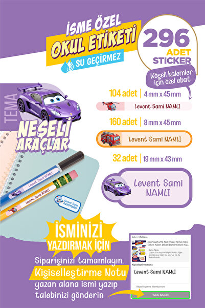 colortouch 296 ADET Neşeli Araçlar Temalı Okul Etiketi Sticker Kalem Etiket D...