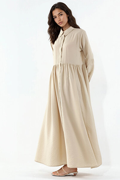 Merterium Women's Buttoned Long Hijab Dress 1551 - Beige