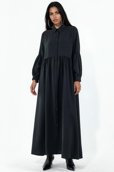 Merterium Women's Buttoned Long Hijab Dress 1551 - Black