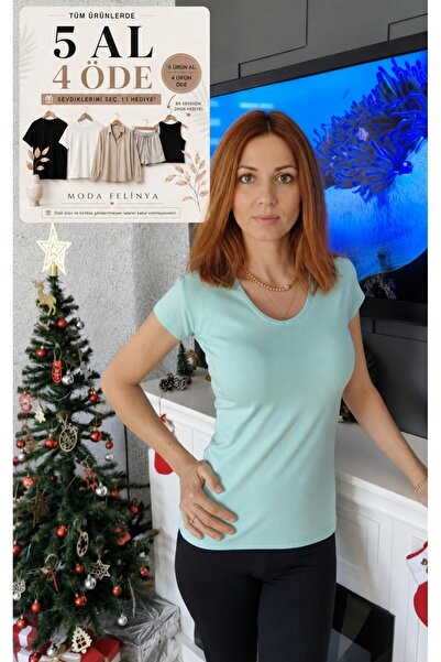 moda felinya Women's Short Sleeve V-Neck (Mint) Water Green Body T-Shirt
