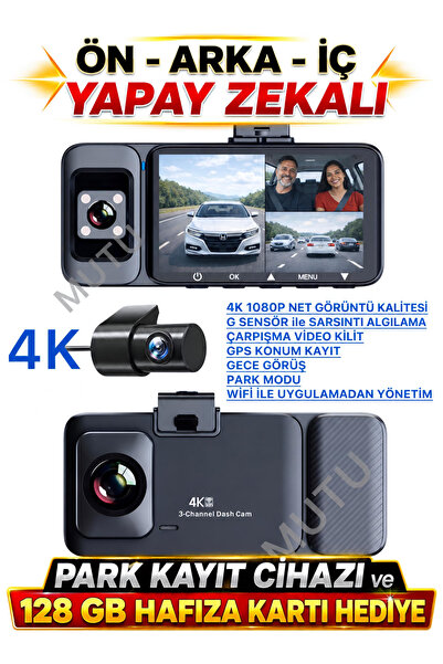 K02 PROMAX 4K 1080P Full HD 3 Kameralı GPS G Sensör Wifi Gece Görüş Ön Arka İç Araç İçi Dışı Kamera