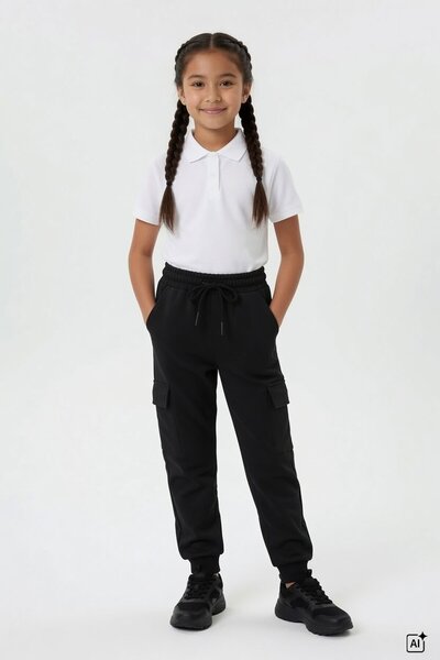 Cansın Mini Black Elastic Waist Basic Cargo Pocket Girls' School Sweatpants 1...