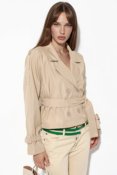 Merterium Women's Belted Short Trench Coat 1570 - K. Beige