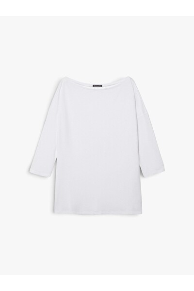 Sisley Modal Karışımlı Kayık Yaka Regular Fit T-Shirt Kadın Beyaz T-Shirt - 3...