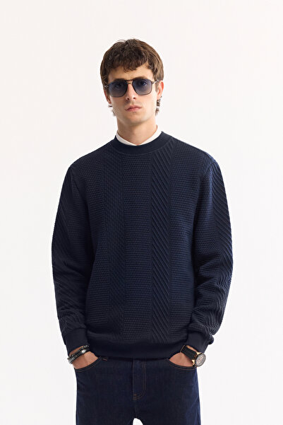Avva Men's Navy Blue Crew Neck Textured Elastane Regular Fit Sweatshirt A52Y1220