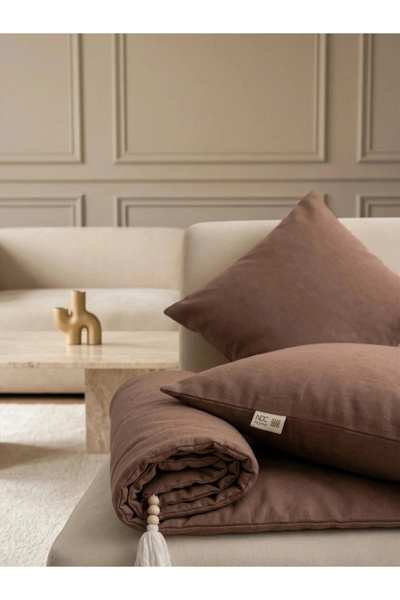 NDC HOME Luxury Keten Koltuk Pedi / Şiltesi [Kırlentli] - Kahverengi