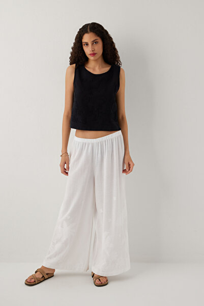 İpekçi Otantik Palm Tree Patterned Etamine Textured Women's Trousers White