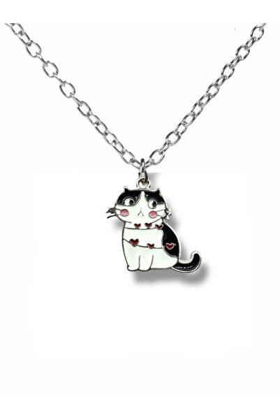 Herşey Nota Unisex Necklace with Black Cat Figure and Red Heart Detail – Bold...