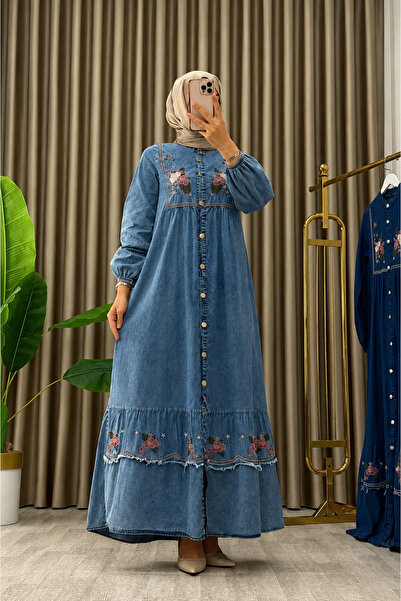 AXXAN Women's Embroidered Washed Denim Button-Front Dress