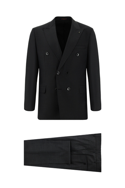 Abdullah Kiğılı 7 Drop Slim Fit Dar Kesim Çizgili Yünlü Kruvaze Takım Elbise