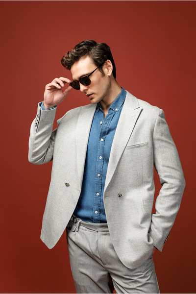 Kiğılı 7 Drop Slim Fit Dar Kesim Keten Karışımlı Kruvaze Ceket