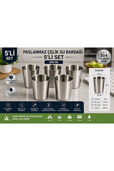 tasdemir 304 Paslanmaz Çelik Su Bardağı 5’li Set 300 ml Kırılmaz Metal Bardak...