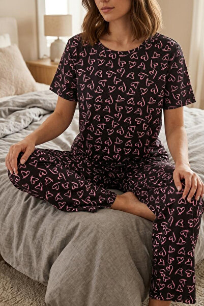 FİT WOMEN Pink Heart Patterned Short Sleeve Pajama Set 4595